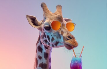 A humorous portrait of a giraffe in sunglasses is seen holding a cocktail, sipping an orange juice refreshment, and embodying the style of a zoo character, hipster, vacation vibes, summer drink,