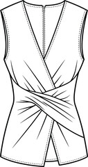 Women’s sleeveless wrap top design with gathered front detail, stylish modern fashion sketch, casual wear, apparel, vector drawing, cad drawing flat vector illustration