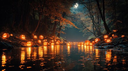 Illuminated jack o lanterns floating on a river at night under a full moon in a spooky forest