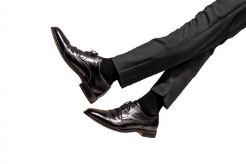 Side view of businessman in black suit falling down, legs mid-air, isolated on white background, concept of failure or unexpected setback.
