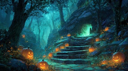 A spooky halloween night forest path with glowing pumpkins leading to a mysterious cave entrance