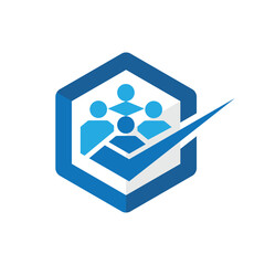 The image shows a logo design of four abstract people inside a hexagonal shape along with a check mark icon. The logo looks clean in flat style in blue color on a white background.
