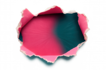 Torn paper revealing pink and teal gradient background, transparent overlay