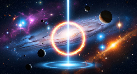 A mesmerizing cosmic scene with a radiant orange ring portal floating amidst stars, planets, and nebulae, offering a stunning visual for multiverse portal visuals and interstellar travel.