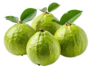 Naklejka premium Four vibrant green guava fruits, clustered together, with leaves