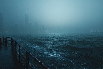 Stormy city harbor at night