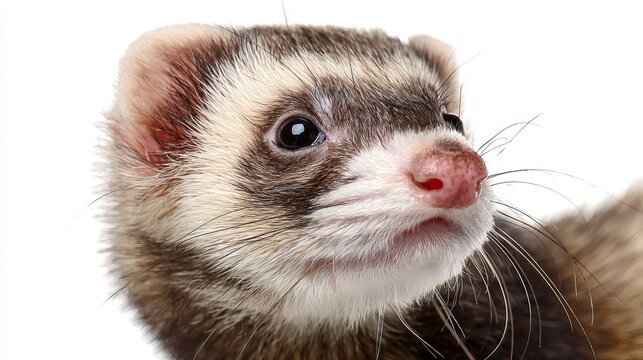 Curious ferret with bright eyes and pink nose gazes intently, capturing playful pet charm and natural curiosity