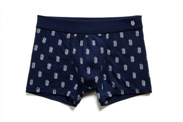 Navy blue men's boxer shorts with small white pineapple pattern laid flat on blank background, front view tropical underwear apparel.