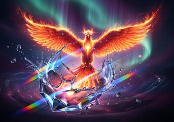 Fiery Phoenix Rising Above Crystal Water in a Cosmic Aurora Display