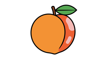 Peach fruit illustration vibrant orange and reddish-pink hues simple line art style with a single green leaf.