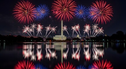 Obraz premium Fireworks Over Washington Dc Reflecting on Water