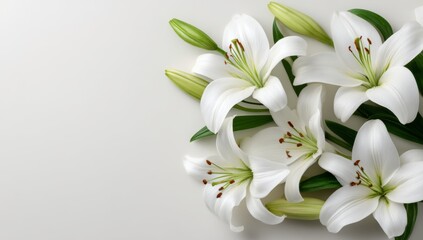 Obraz premium White lilies on white background are ideal for a memorial service, conveying the essence of funeral flowers, elegance, symbolism, peace, serenity, calmness, grief, loss, sorrow, remembrance,