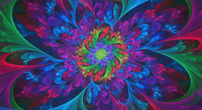 A vibrant and colorful psychedelic fractal kaleidoscope pattern with intricate details