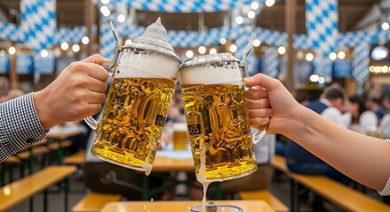 Two large beer steins clinking together, overflowing with frothy light-gold beer, at a beer garden.