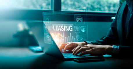 Businessman using digital leasing platform for car and property rental contract, online finance management, financial agreement, asset leasing, and modern investment service concept