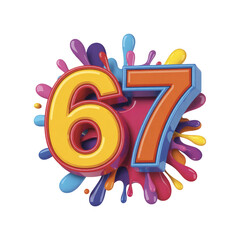 Colorful 3D Number 67 with Paint Splatter Background