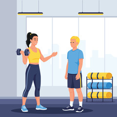 flat vector of character as fitness personal trainer instructor with client at gym