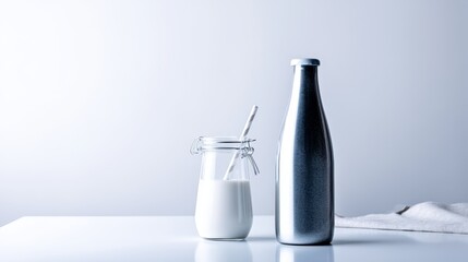 Sleek glass bottle of yogurt drink beside a halffilled mason jar with straw on white background, highlighting healthy beverage concept, closeup, modern aesthetic, minimalistic design