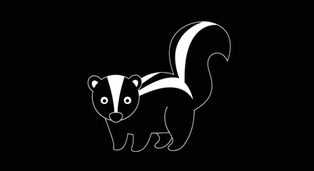 Cute Skunk Illustration with White Stripes on a Black Background.