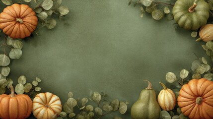 Colorful autumnal gourds and leaves arranged in a festive border symbolize harvest season with pumpkins orange green war