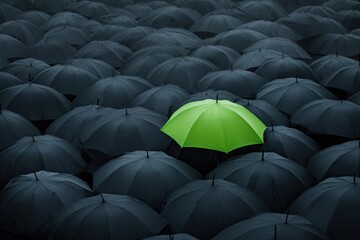 Green umbrella amidst many black