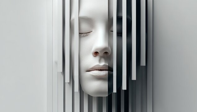 Abstract woman's face,  divided by vertical black and white lines