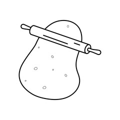 Wooden rolling pin and dough editable stroke on white background. Symbol flat outline icon.  Line baker roller kitchen tool to roll round piece of dough and bake cookie, pie or pizza.