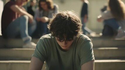 Sad teenager sitting alone on school stairs feeling depressed outdoors