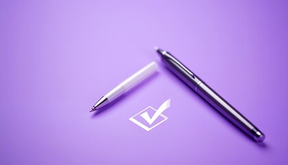 black pen with metallic tip marking check on purple surface