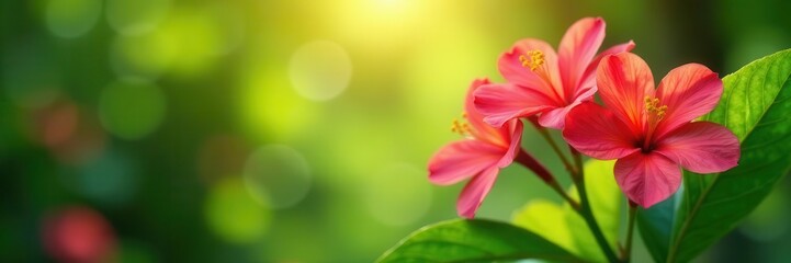 Naklejka premium Vibrant blooms in full sunlight, lush green leaves , floral, botany, blooming garden