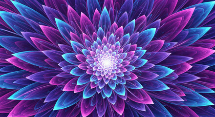 A vibrant and glowing abstract fractal flower with intricate blue and pink petals