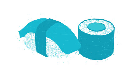 Stylized Blue Sushi and Maki Roll Illustration.