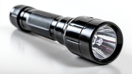 Black flashlight torch isolated on pure white background with copy space, high resolution professional product photography.
