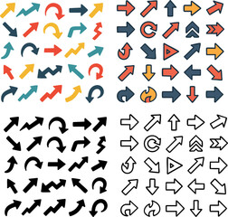 Extensive set of arrows: flat, outlined, colorful, B&W. Use for UI/UX.