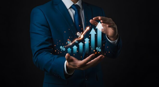 Businessman Hands Showcasing Upward Trend Graph with Percentages - Powered by Adobe