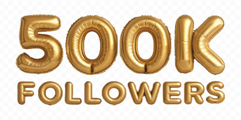 realistic 3d 500K FOLLOWERS typography text made by with different color foil balloons style isolated on transparent background