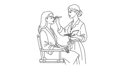 Black and white line drawing illustration of a makeup artist applying eye makeup to a seated woman in a salon setting