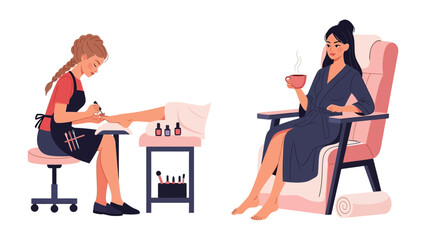 Professional nail technician meticulously applying polish to a client s toenails in a salon setting with a relaxing customer enjoying a beverage