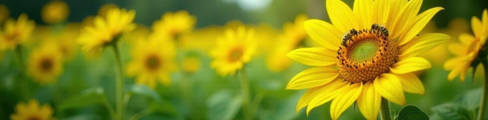 Vibrant sunflowers, buzzing bees, lush green foliage, outdoor, serene
