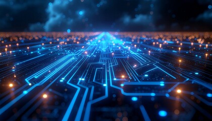 Obraz premium Abstract glowing circuit design in blue tones, representing digital business, high technology, and modern corporate solutions.