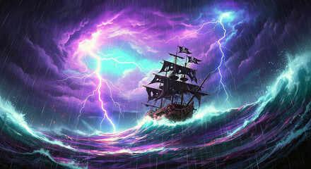 Obraz premium An epic illustration of a pirate ship sailing through a magical storm with colorful lightning