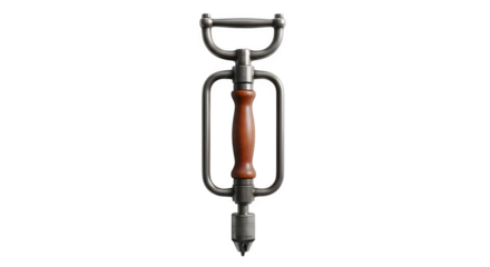 Vintage hand drill isolated on transparent background, a tool used for drilling holes in wood or metal, featuring a handle and a rotating chuck