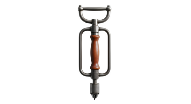 Vintage hand drill isolated on transparent background, a tool used for drilling holes in wood or metal, featuring a handle and a rotating chuck