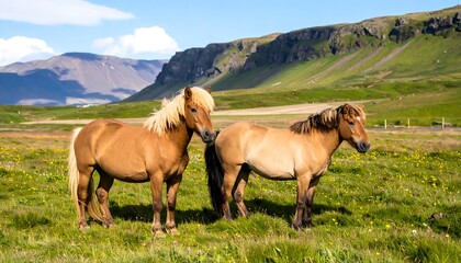 Obraz premium Two horses in a grassy field, mountains in the background