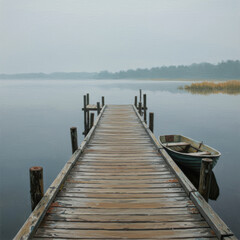 Fototapeta premium Wooden dock extends toward tranquil lake in misty landscape