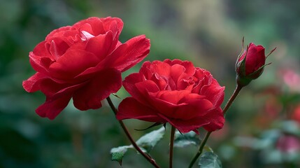 Obraz premium Stunning close-up of velvety red roses with delicate dew drops, capturing nature's vibrant beauty and romance