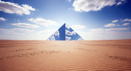 A surreal desert landscape with a large, mirrored pyramid reflecting a perfect blue sky