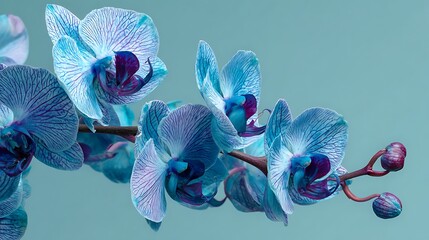 Vibrant blue orchids on a light teal background