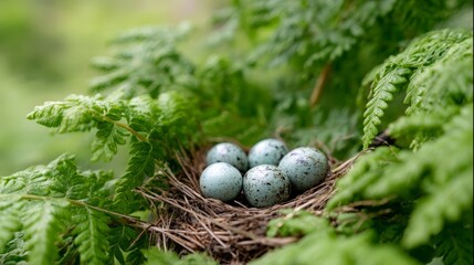 Closeup of delicate pale blue bird eggs nestled in a lush green fern nest, natural, serene, detailed textures, soft lighting, vibrant colors, peaceful, nature, wildlife, spring, biological, habitat,