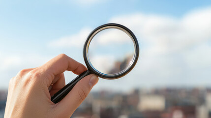Person holds magnifying glass, focusing on distant view of cityscape under bright blue sky. image conveys curiosity and exploration, inviting viewers to discover details